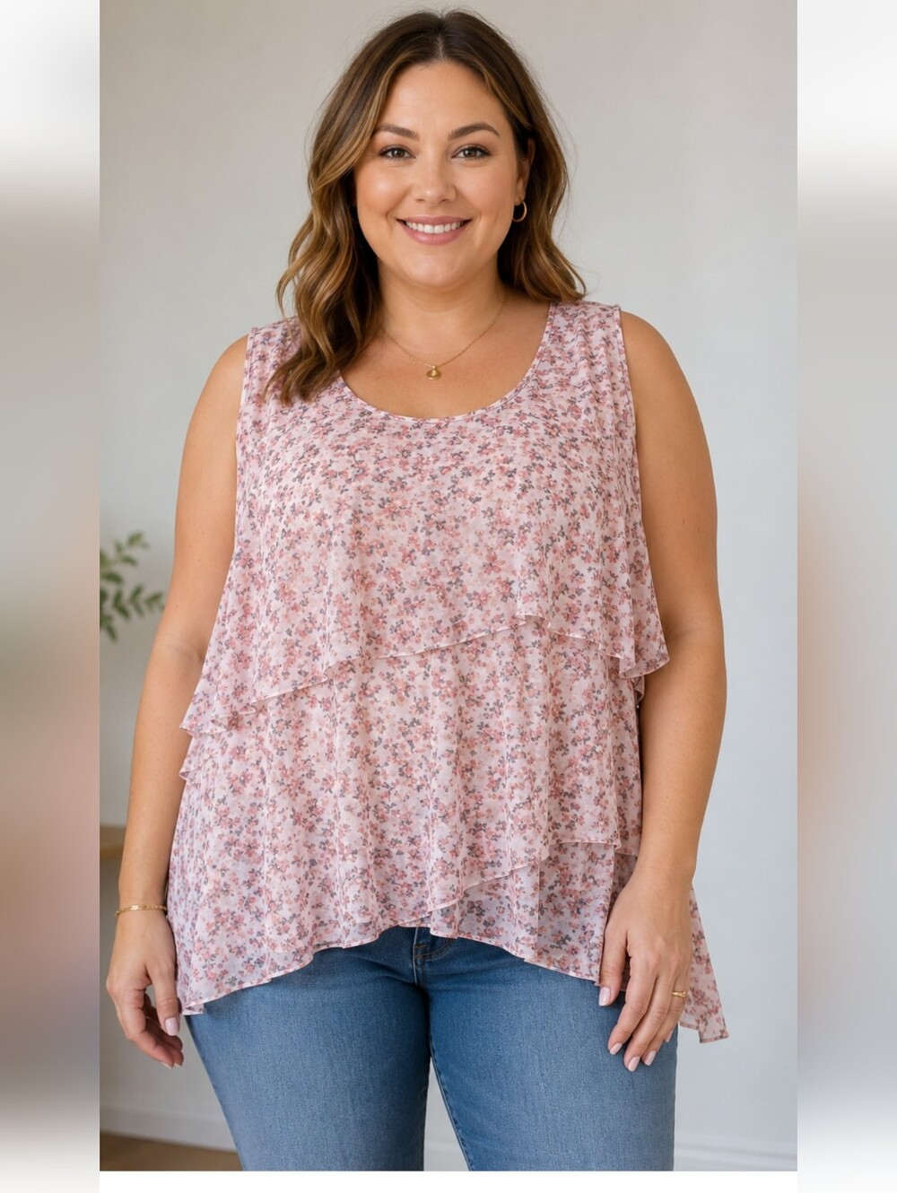 Emaline 3X Pink Floral Layered Ruffle Blouse Plus Size